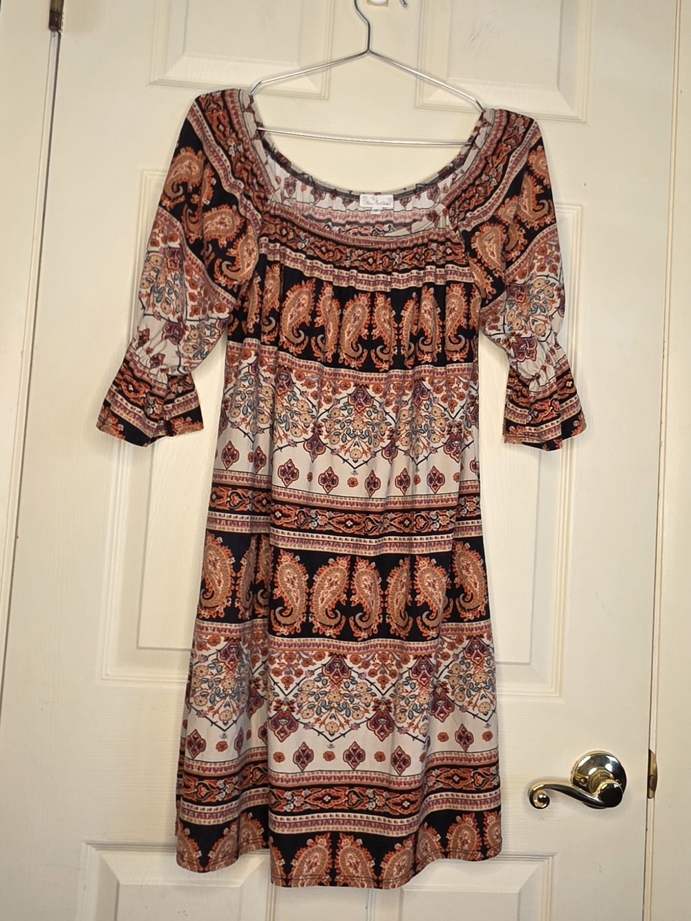 Olivia Matthews Paisley Midi Dress in Black, Rust and Cream Boho